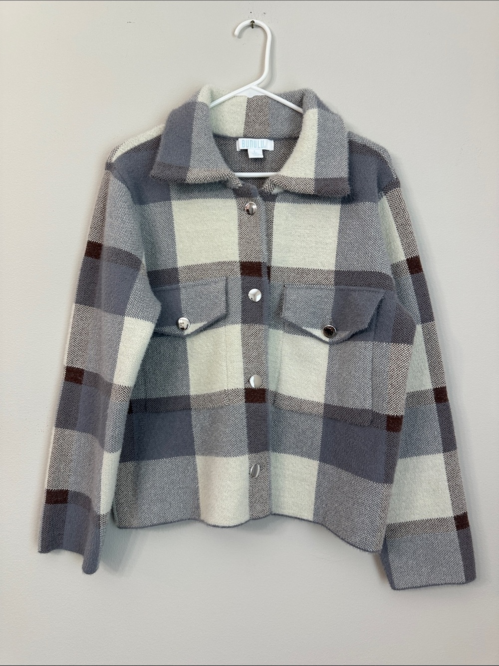 Bunulu Gray & Cream Plaid Button-Front Shacket